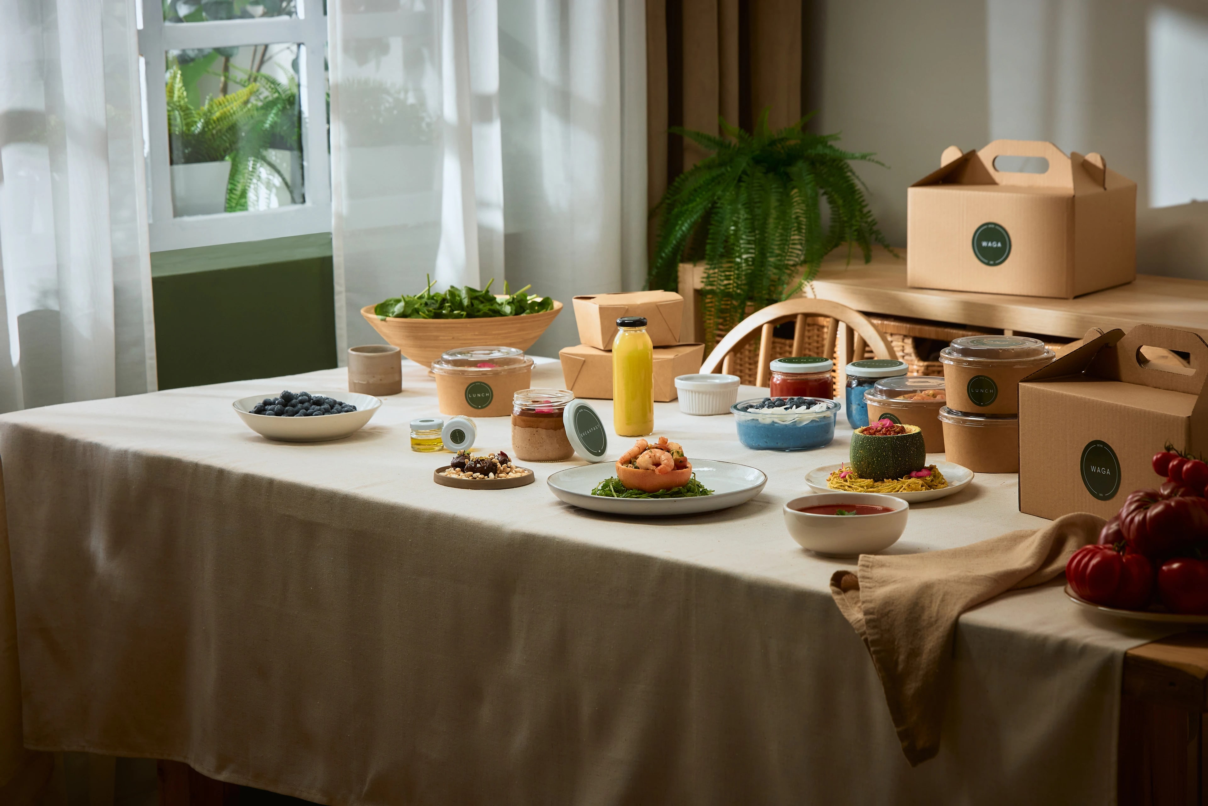 WAGA prepared meals and juices arranged on stone
